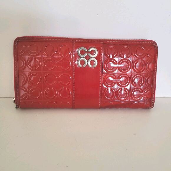 Coach Accordion Zip Around Wallet Pink Red Large Patent Leather - Picture 1 of 11